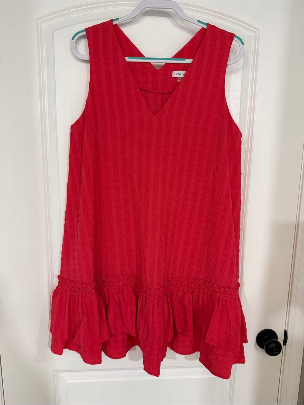 Calvin Klein Women’s Bright Coral V-Neck Ruffle Dress
